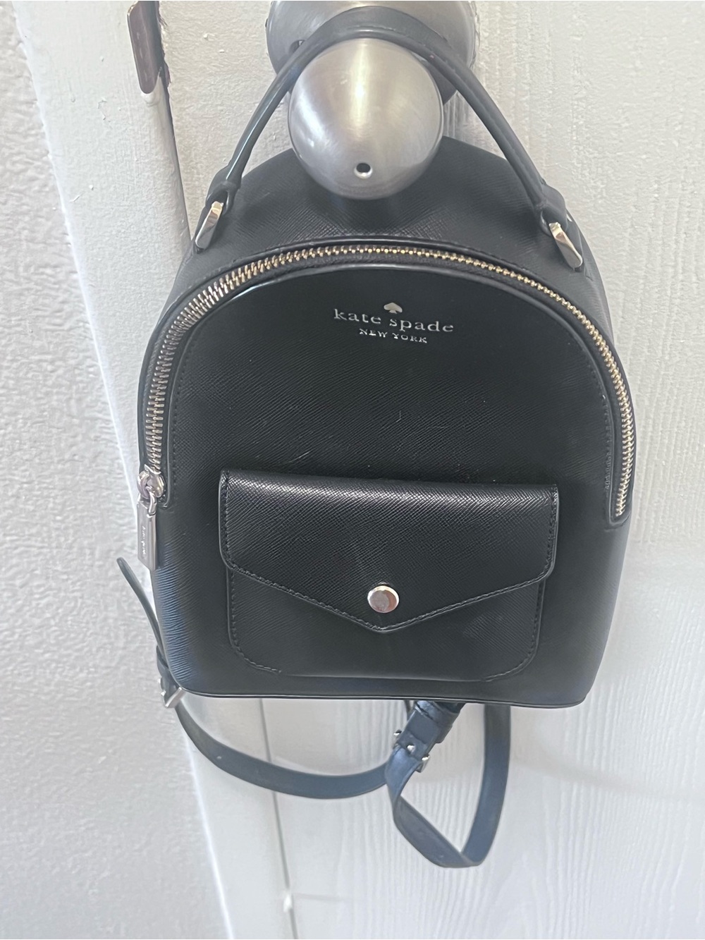 kate spade Black Mini Saffiano Leather Backpack with Front Pocket, 8.5x7"